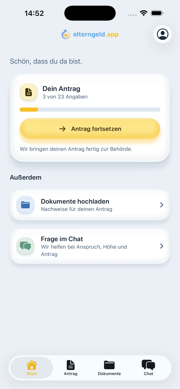 App-Bildschirm: Startseite mit Antrag-Fortschritt, Dokumenten-Upload und Chat