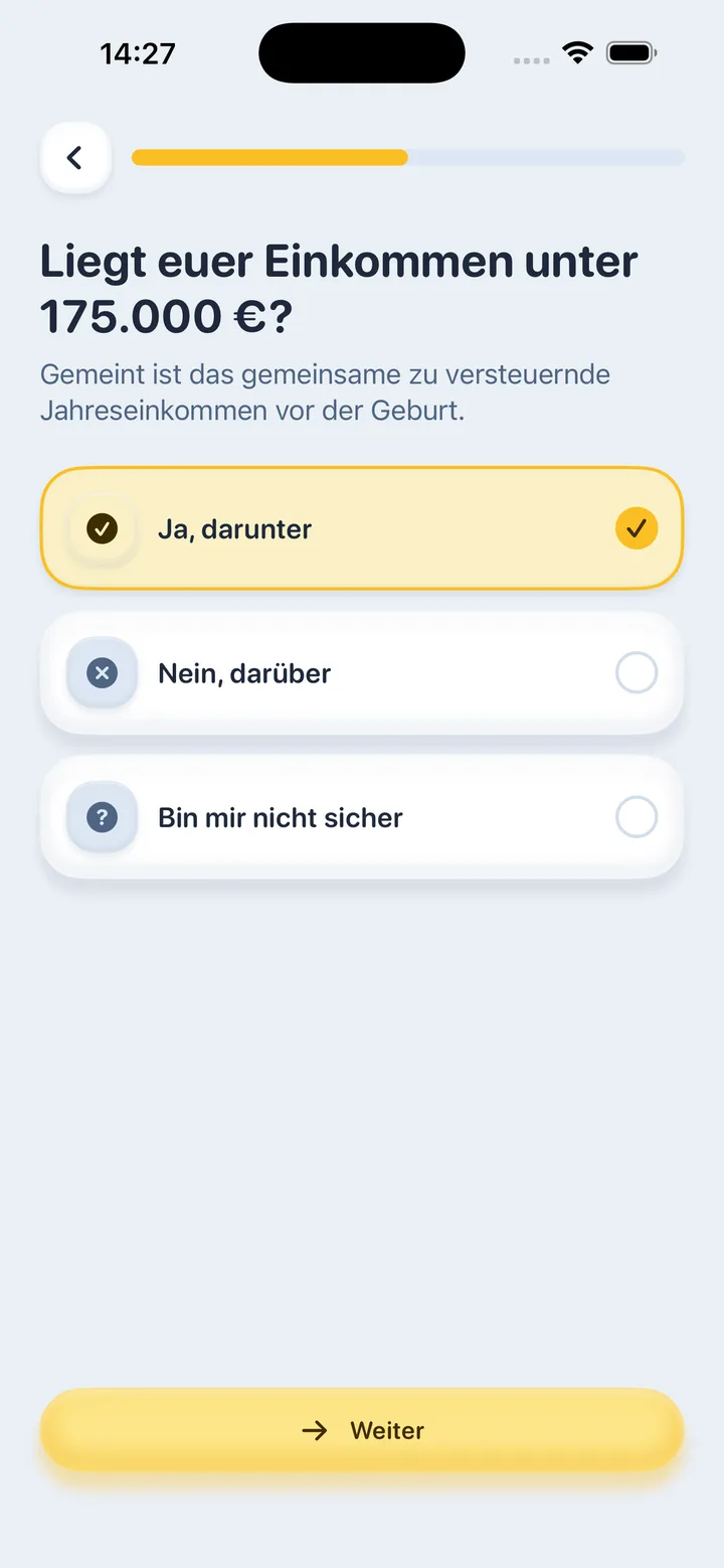 App-Bildschirm: Frage aus der Ersteinschätzung zum Haushaltseinkommen