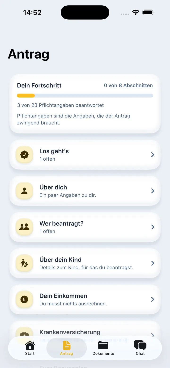 App-Bildschirm: Antrag-Übersicht mit Abschnitten und Fortschrittsbalken